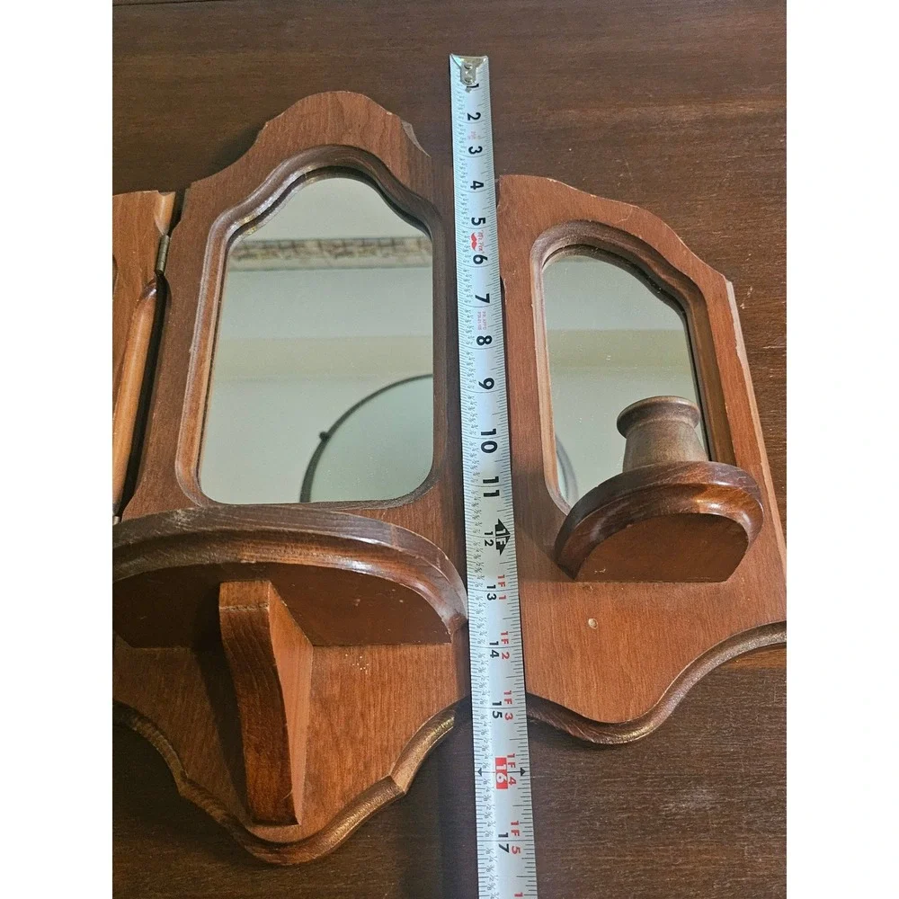 Triptych Wall Mirror Home Decor Brown Wood Folding Candle Sconce Shelf